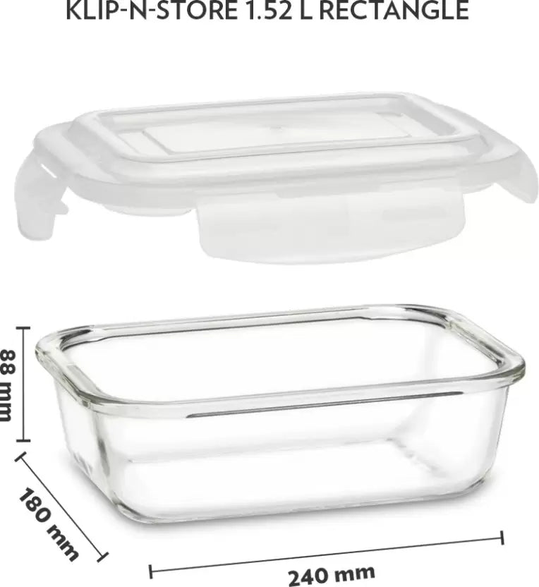 Borosil Klip-N-Store Rectangle Glass Container for Kitchen - 1520 ml