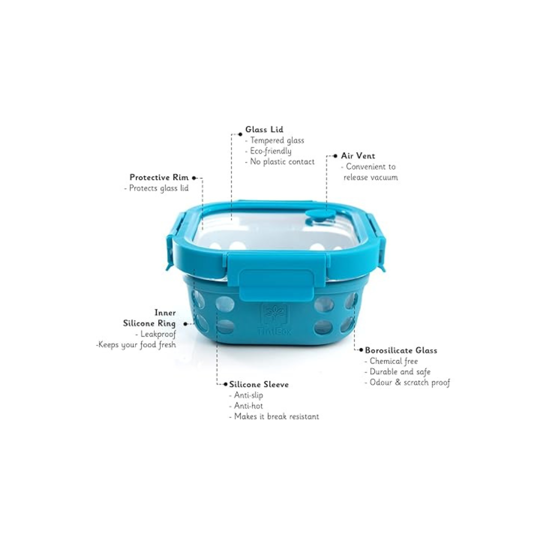 TintBox Glass Lunch Box with Glass Lid | Marine Grey | 500ml |