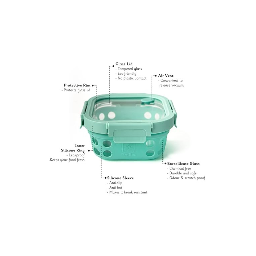 TintBox Glass Lunch Box with Glass Lid | Coral Green | 500ml |