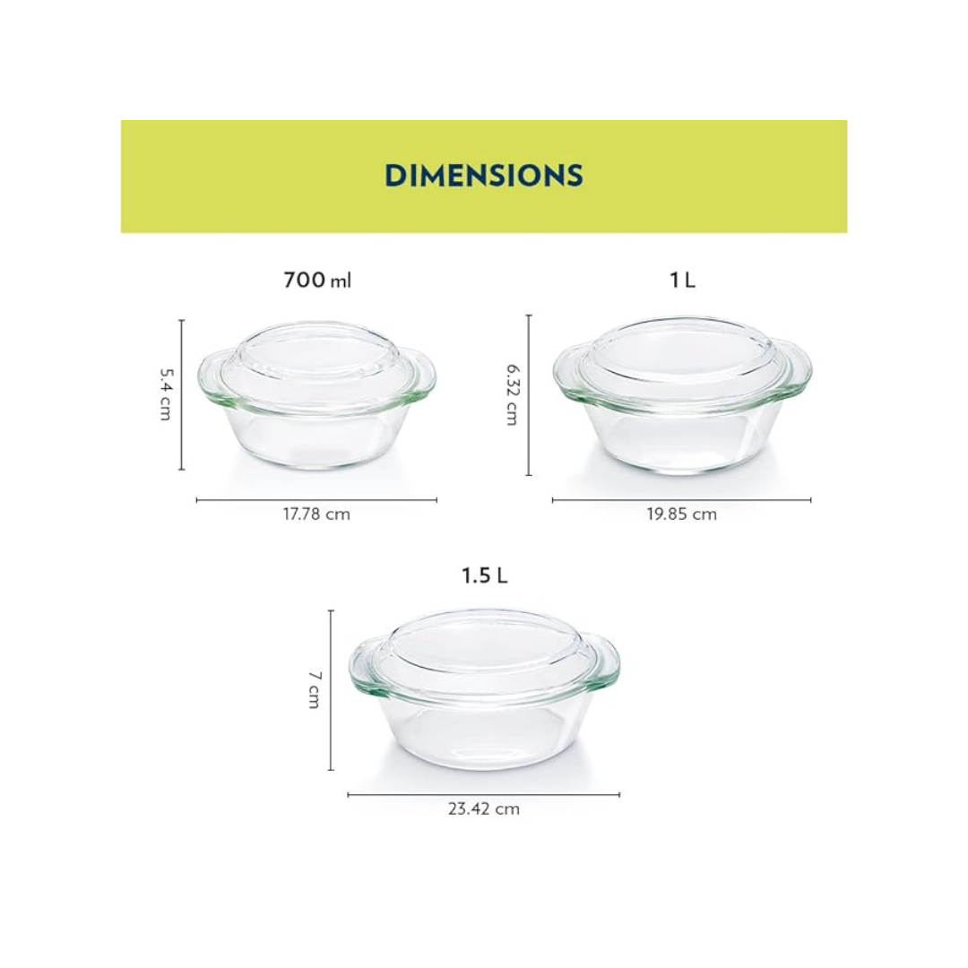Buy Borosil Glass Casserole - Glass Lid | Set of 3 | (700ml + 1 Litre + 1.5 Litre)