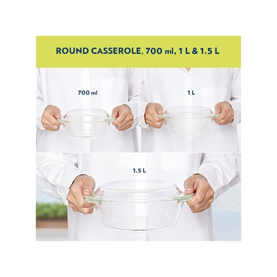 Buy Borosil Glass Casserole - Glass Lid | Set of 3 | (700ml + 1 Litre + 1.5 Litre)
