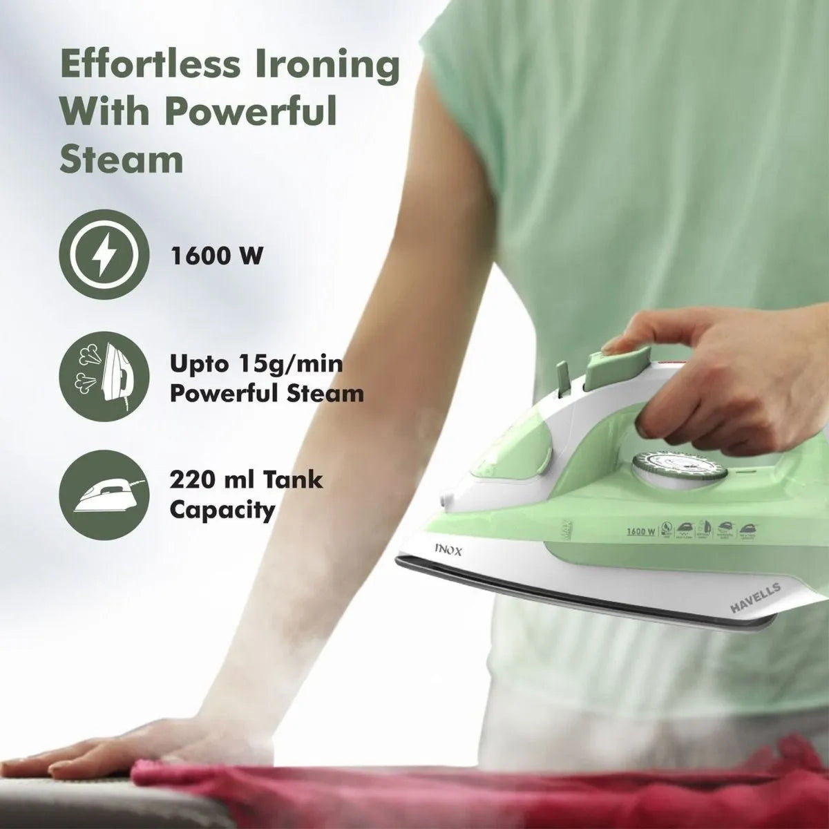 Havells Inox | Steam Iron | 1600 W | Pista Green | Self Clean | 220 ml |