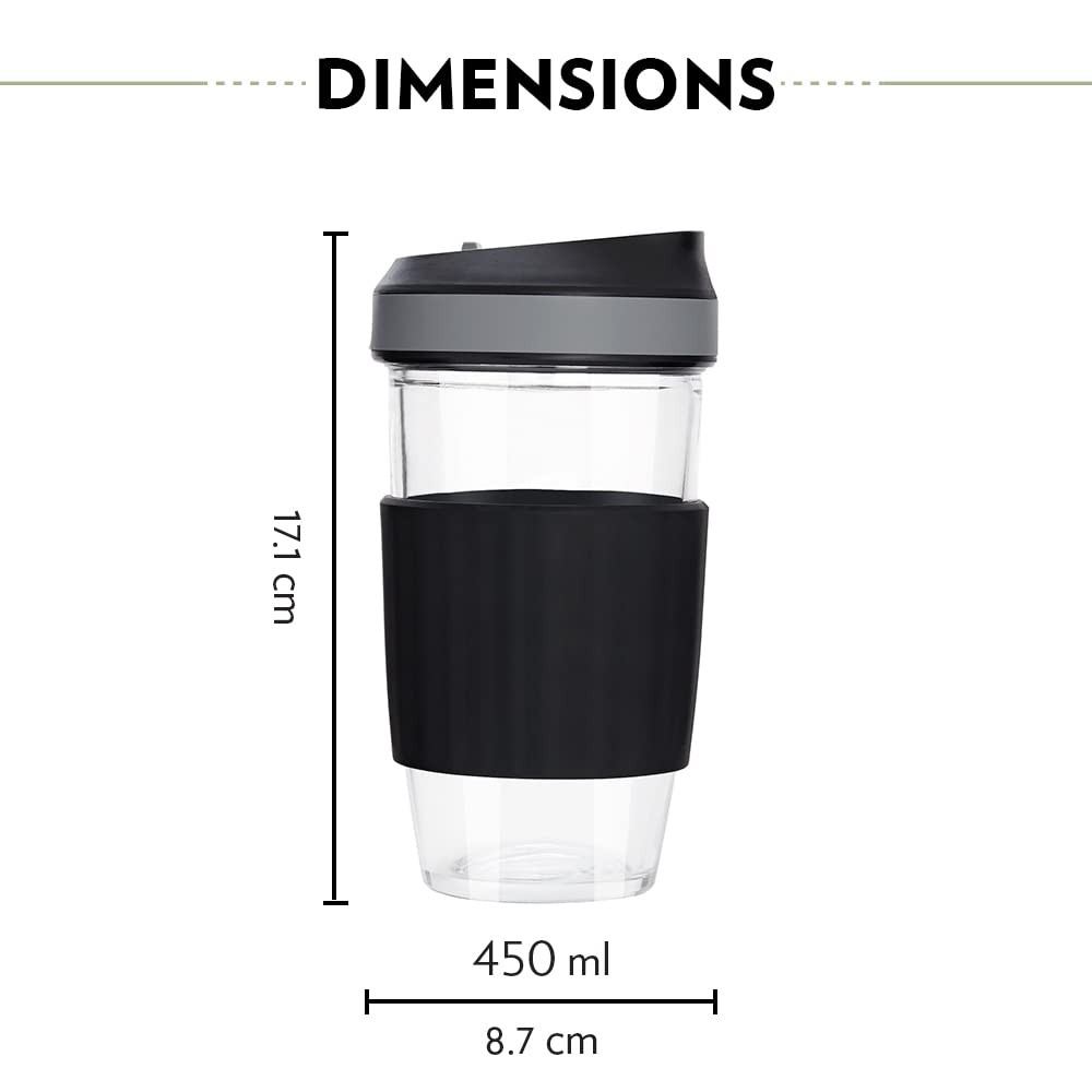 Borosil Glass Travel Mug with Silicone Sleeve | 450 ml | Black |