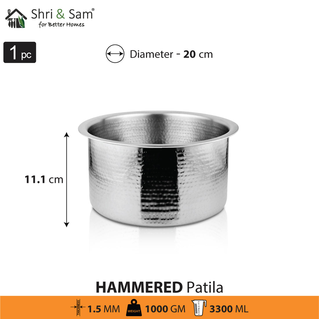 Shri & Sam Stainless Steel Heavy Weight Hammered Patila