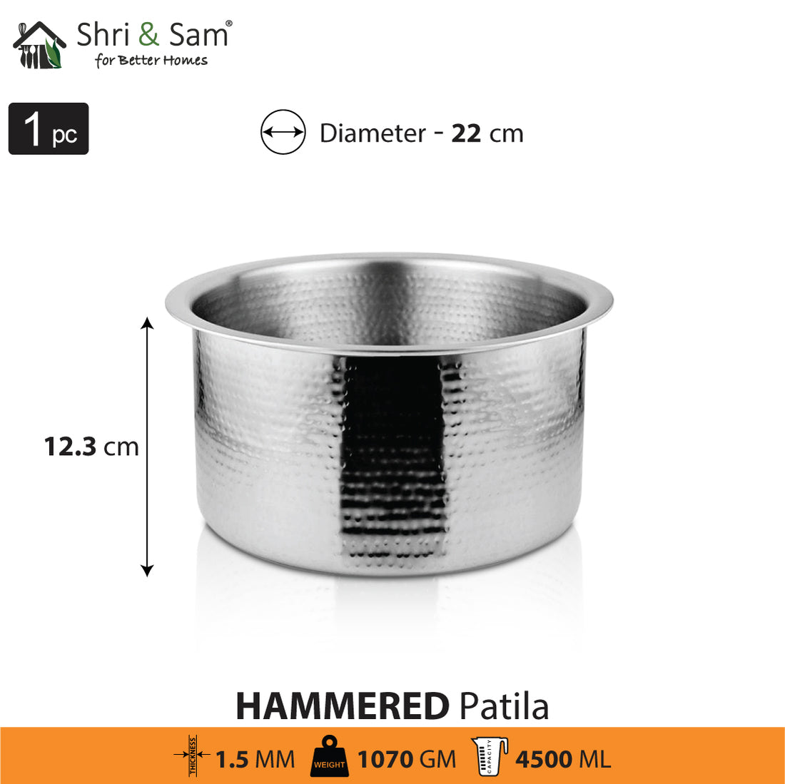 Shri & Sam Stainless Steel Heavy Weight Hammered Patila