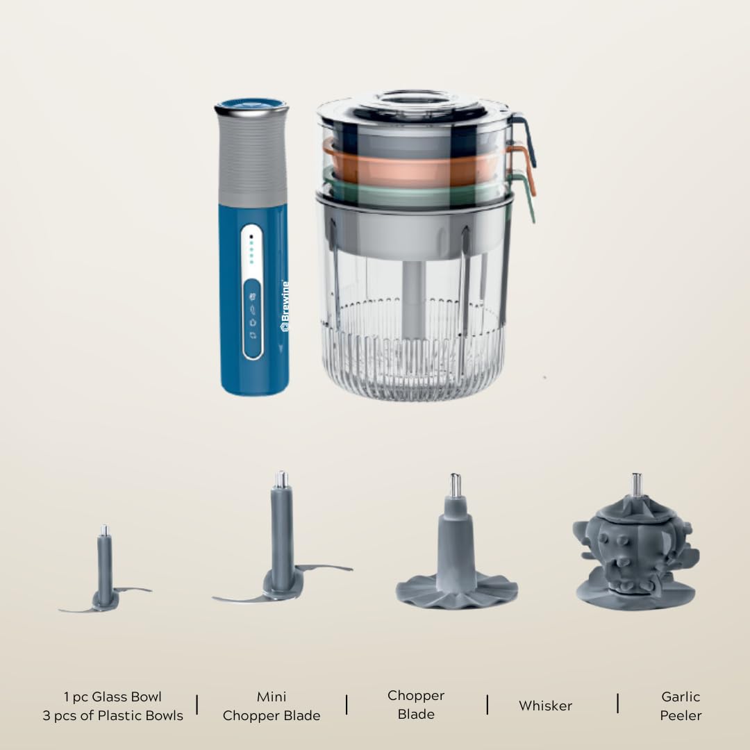 Brewine USB Cordless Vegetable Chopper & Garlic Peeler | 400 ml | 3 Mini Bowls Included |