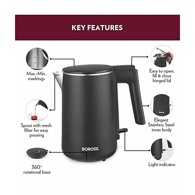 Borosil Cooltouch Stainless Steel Electric Kettle | 1 L| Black |