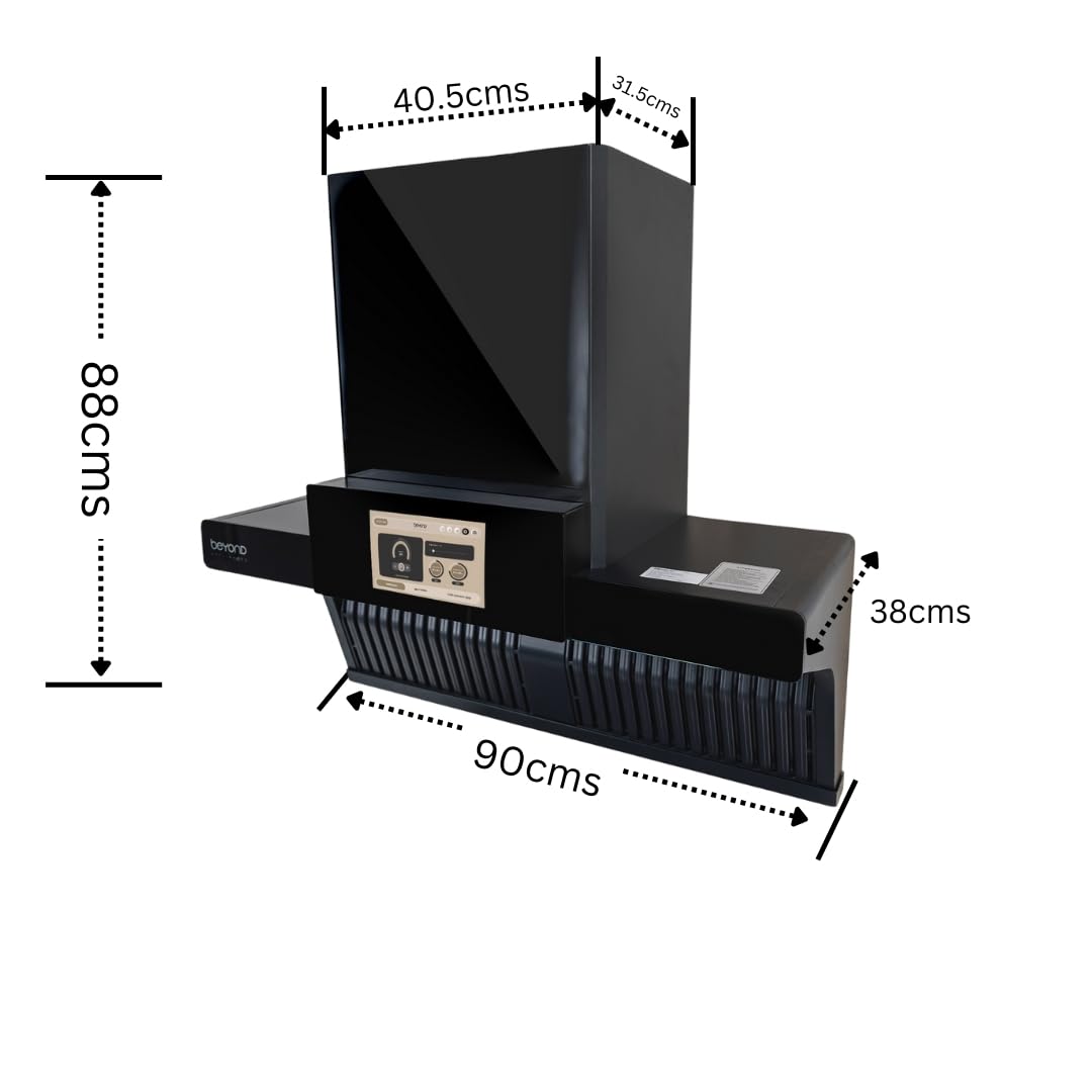 Beyond Appliances Orion Chimney with Smart Screen & Speaker 90 cm 1400 m3/hr Filterless Auto Clean (Black)
