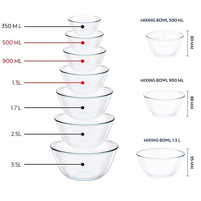 Borosil Serving & Mixing Glass Bowls Set of 3 (500 ml + 900 ml + 1.3 L)
