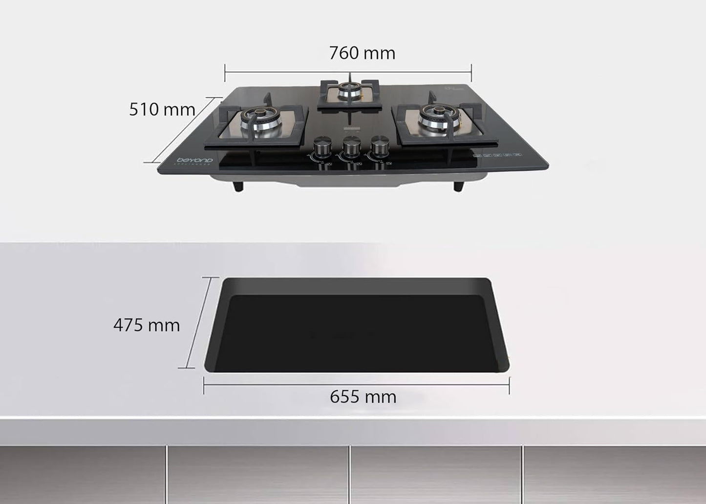 Beyond Appliances Smart Timer Dorado Hobtop 3 Burner with Flame Failure Detection 75cm, Black