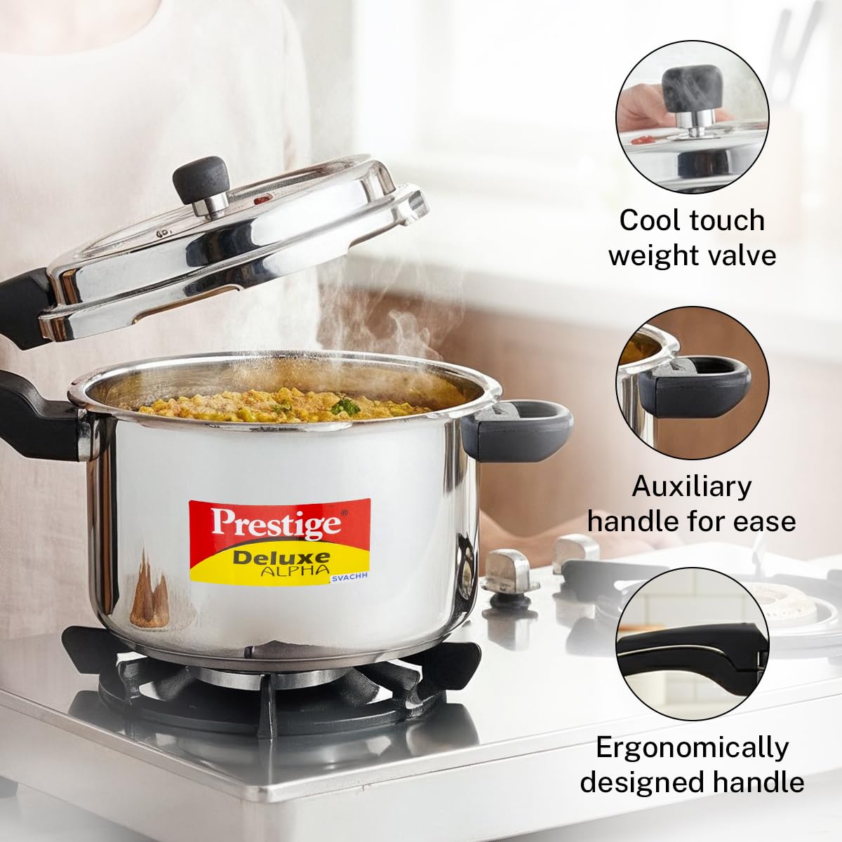 Prestige Stainless Steel Deluxe Alpha Pressure Cooker | 6.5 L | Outer Lid | 10 Year Warranty |