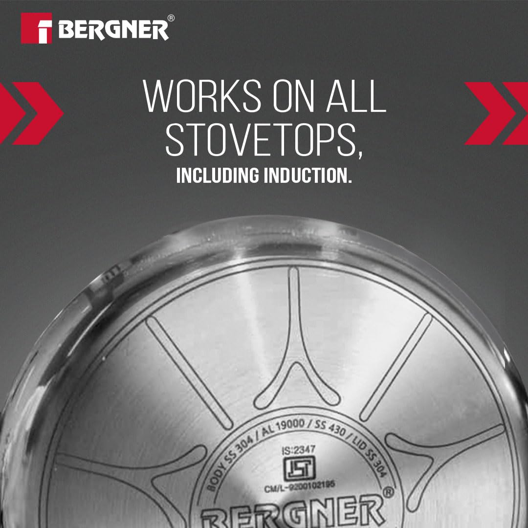 Bergner Argent Triply Pressure Cooker | 8 Litre | Outer Lid | Sturdy Handle |