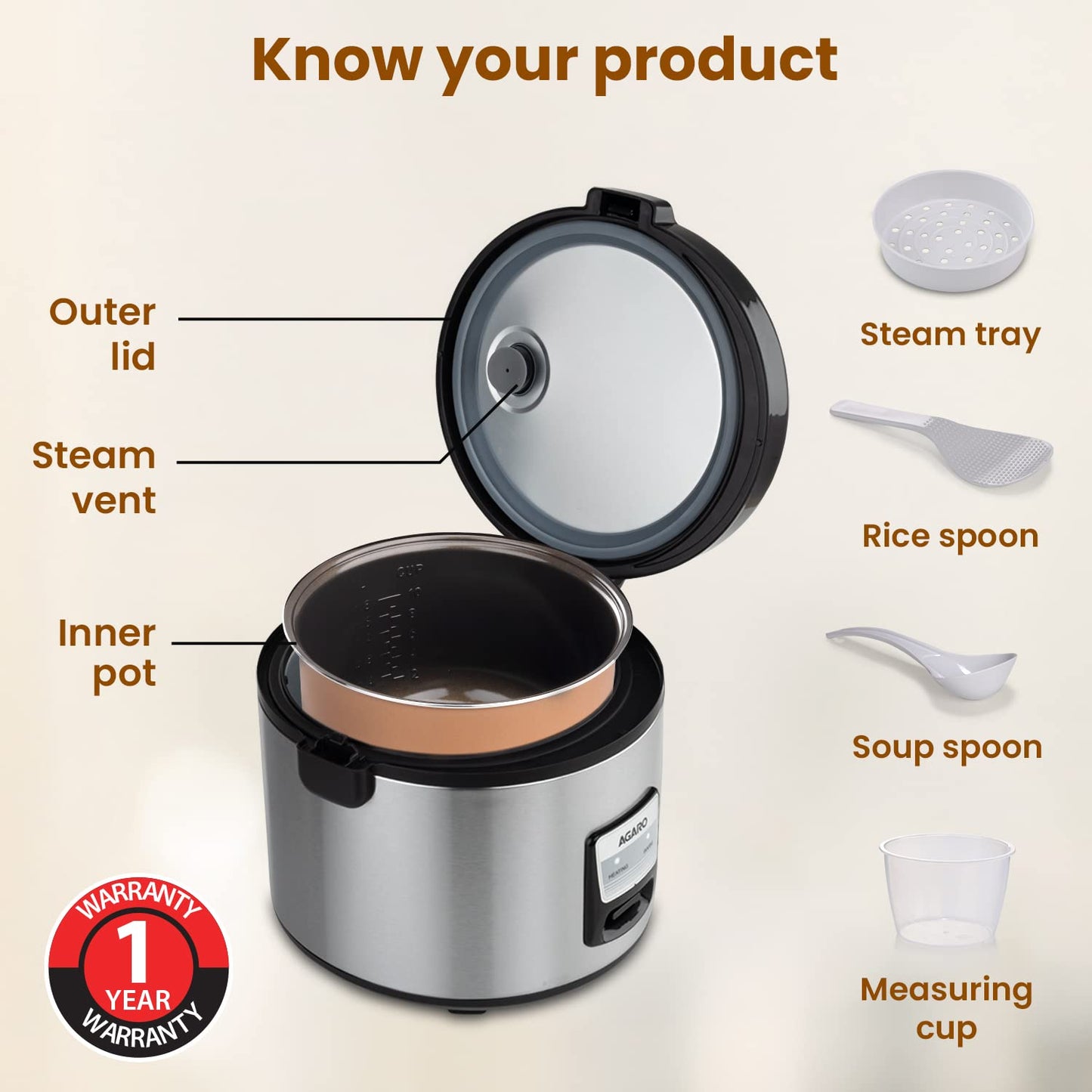 Agaro Regency Electric Rice Cooker | 5L | Automatic Cooking | Easy Grip Handle |