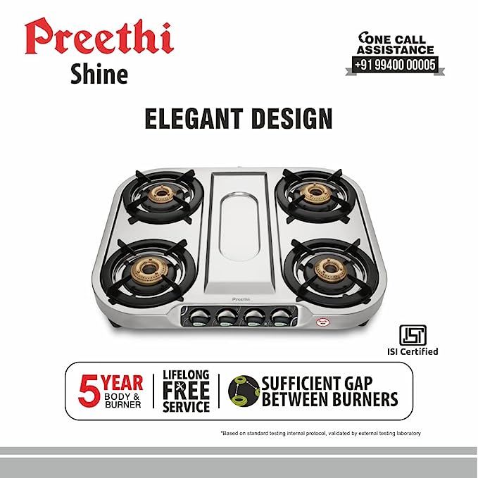 Preethi Shine SS 4 Burner Gas Stove, Manual Ignition
