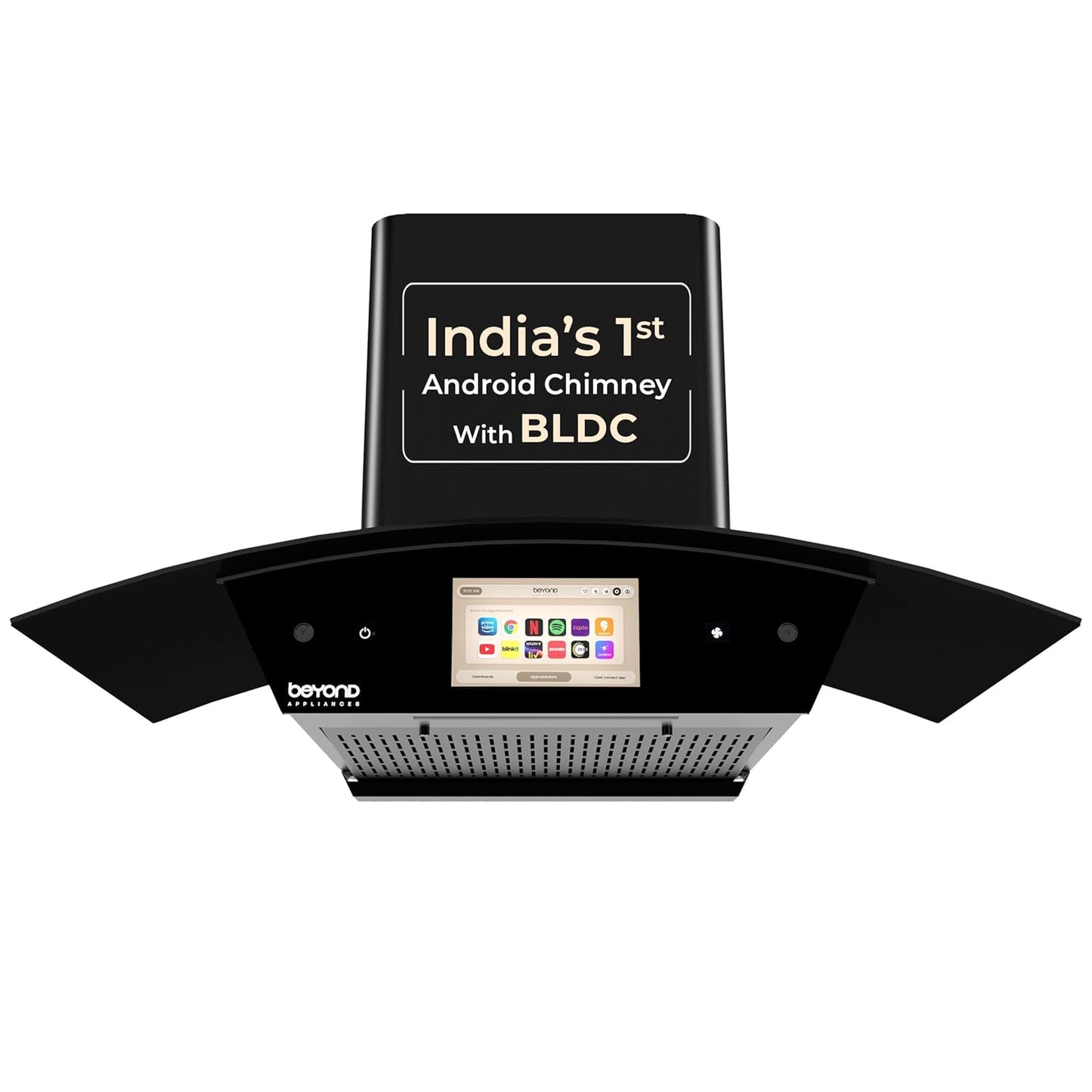 Beyond Appliances BLDC Asteria Auto Clean Kitchen Chimney | Filterless | Smart Screen & Speakers | Touch Control | Black |