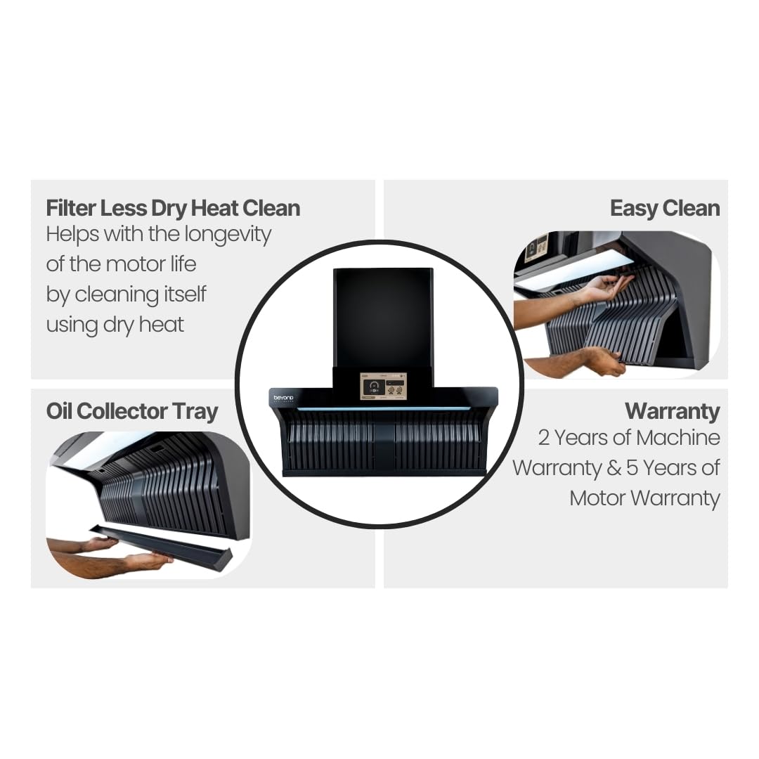 Beyond Appliances Orion Chimney with Smart Screen & Speaker 90 cm 1400 m3/hr Filterless Auto Clean (Black)