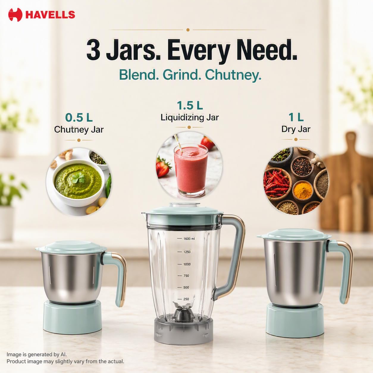 Havells CRAFT Mixer Grinder | 800W | 3 Jar | One Touch Grinding | Unique Touch Control |