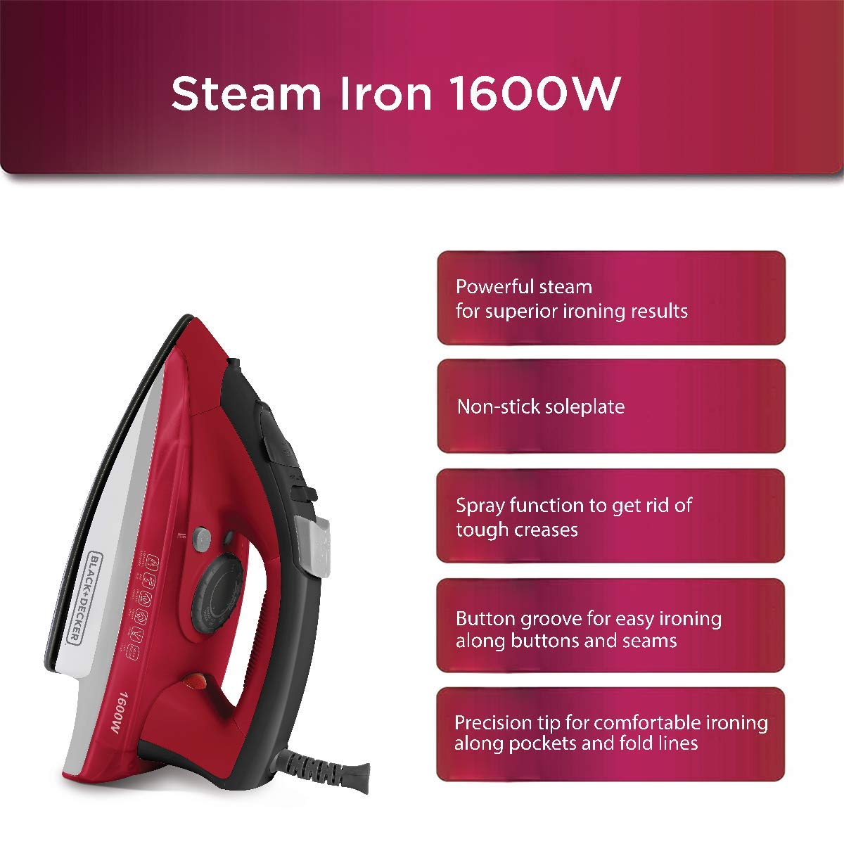Black+Decker Steam Iron | 1600 Watts | Red + White | Non-Stick Ceramic Sole |
