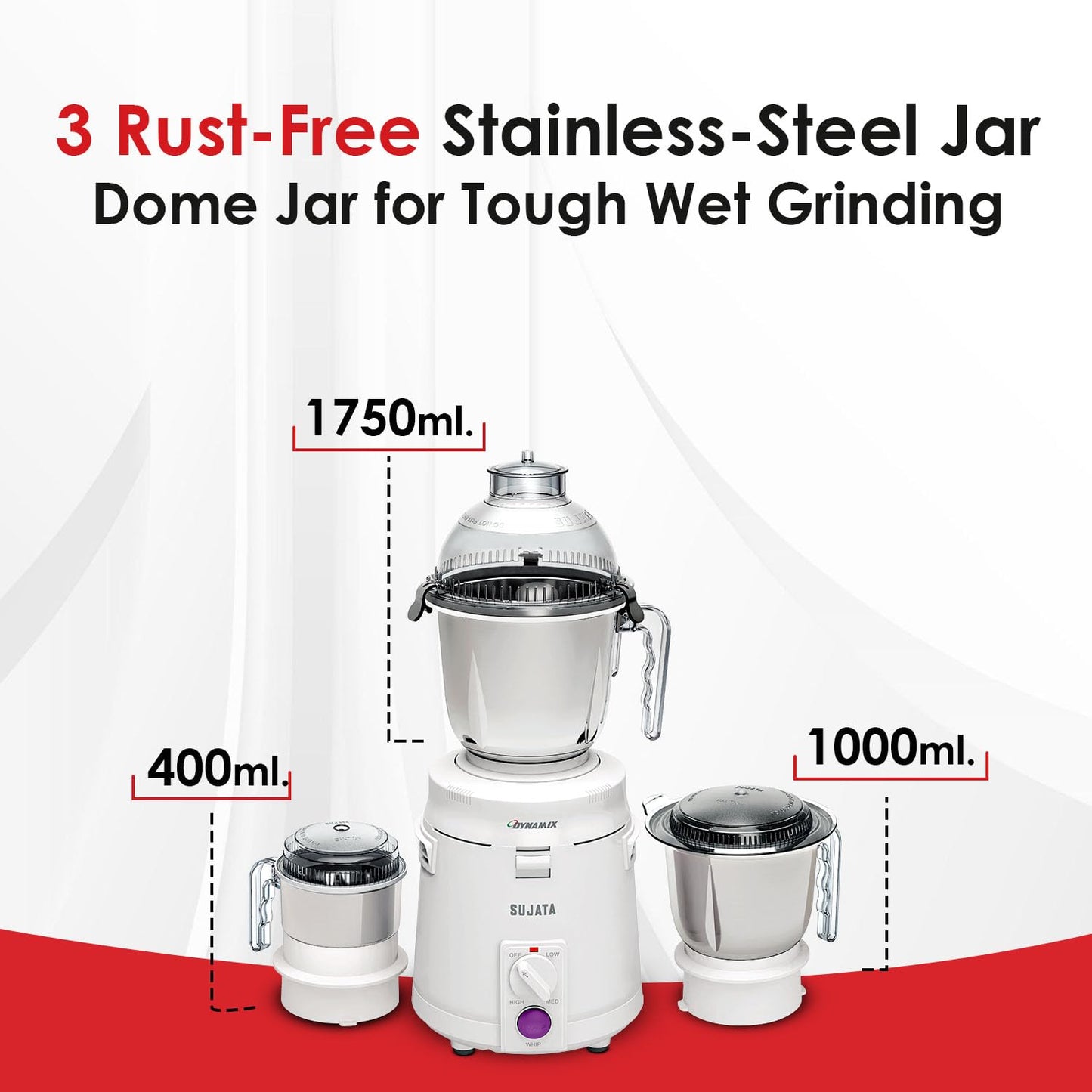 Sujata Dynamix 900 Watts Mixer Grinder | 3 Jars | White |