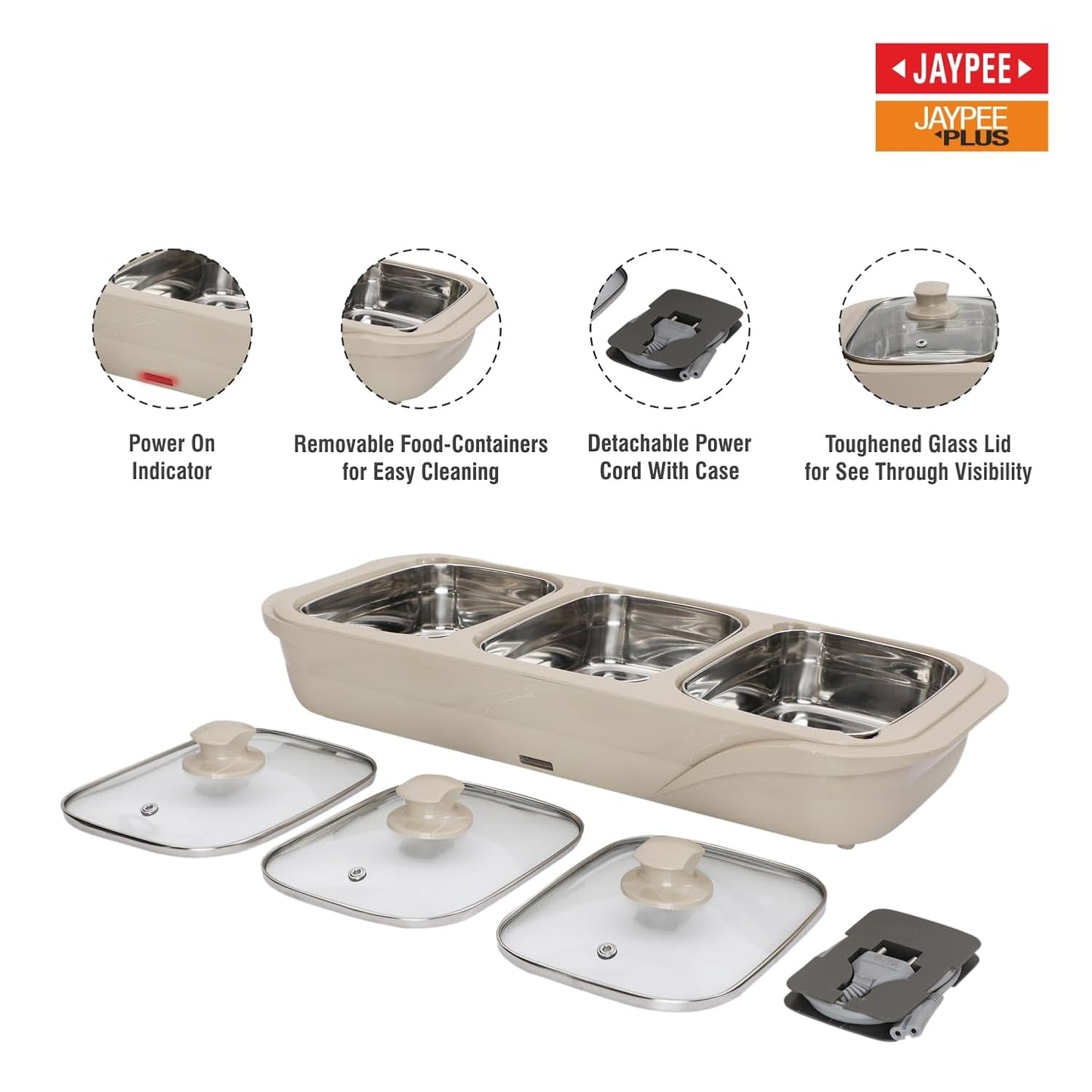 Jaypee Plus 3-in-1 Electric Casserole Set | 1000ml x3 Stainless Steel Buffet Server | Beige |