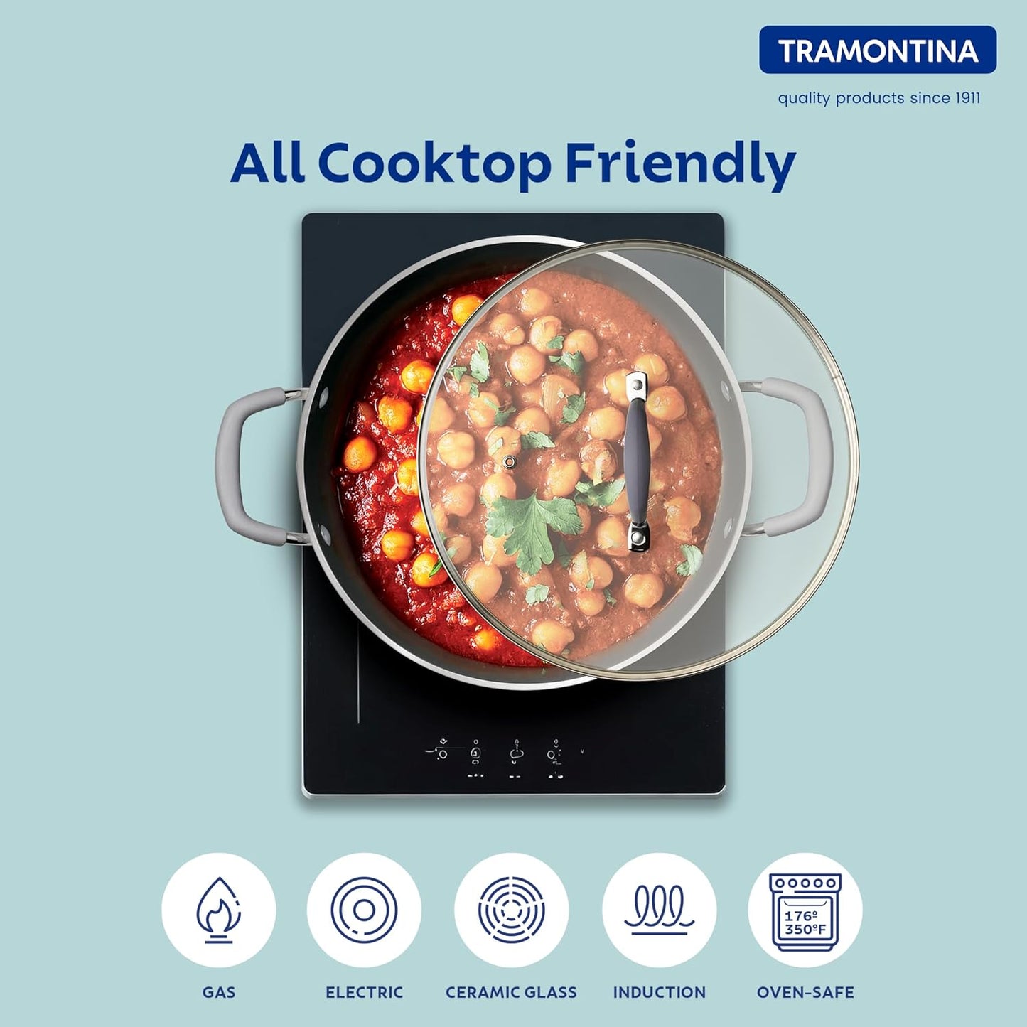 Tramontina Velo Forged Deep Kadai | 28 cm | Glass Lid | Silicone Grip Handles | Cook & Serve |