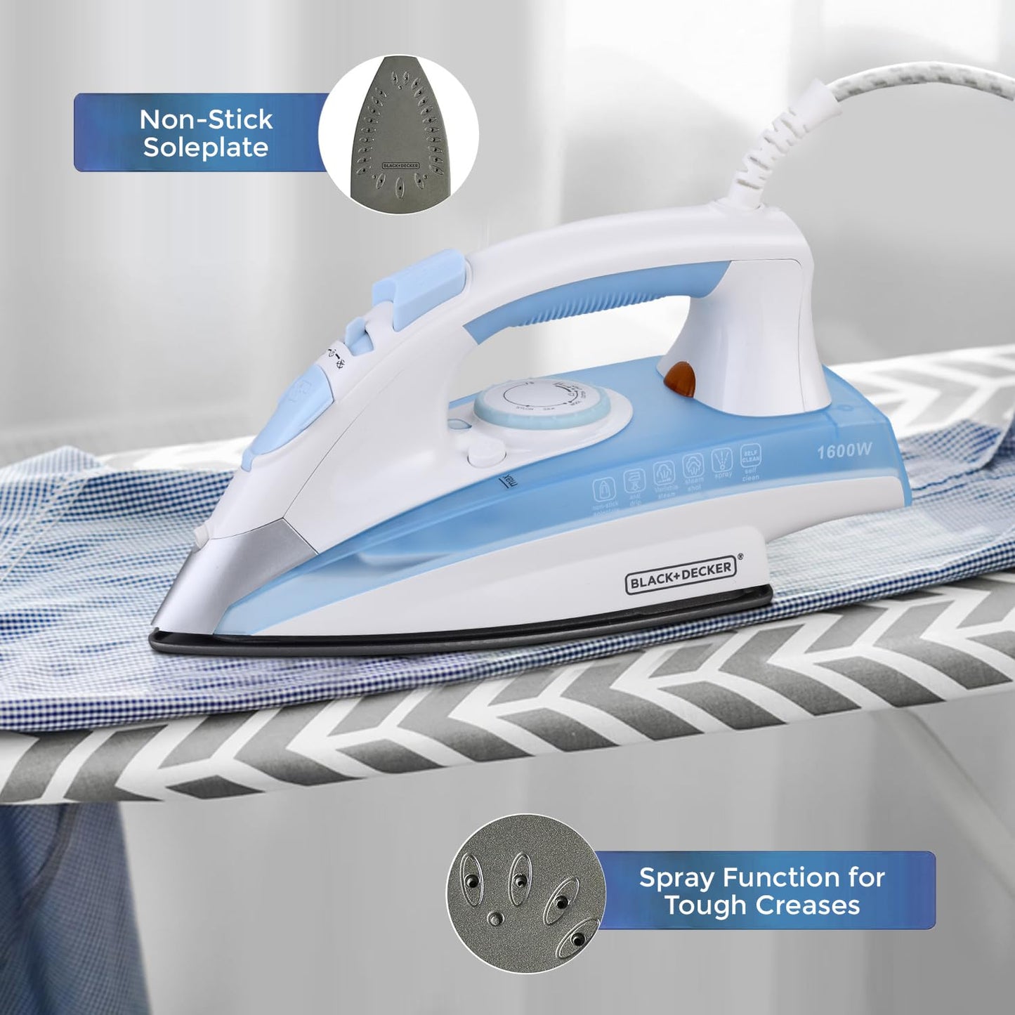 Black+Decker Steam Iron | 1600 Watts | Blue + White | Non-Stick Ceramic Sole |