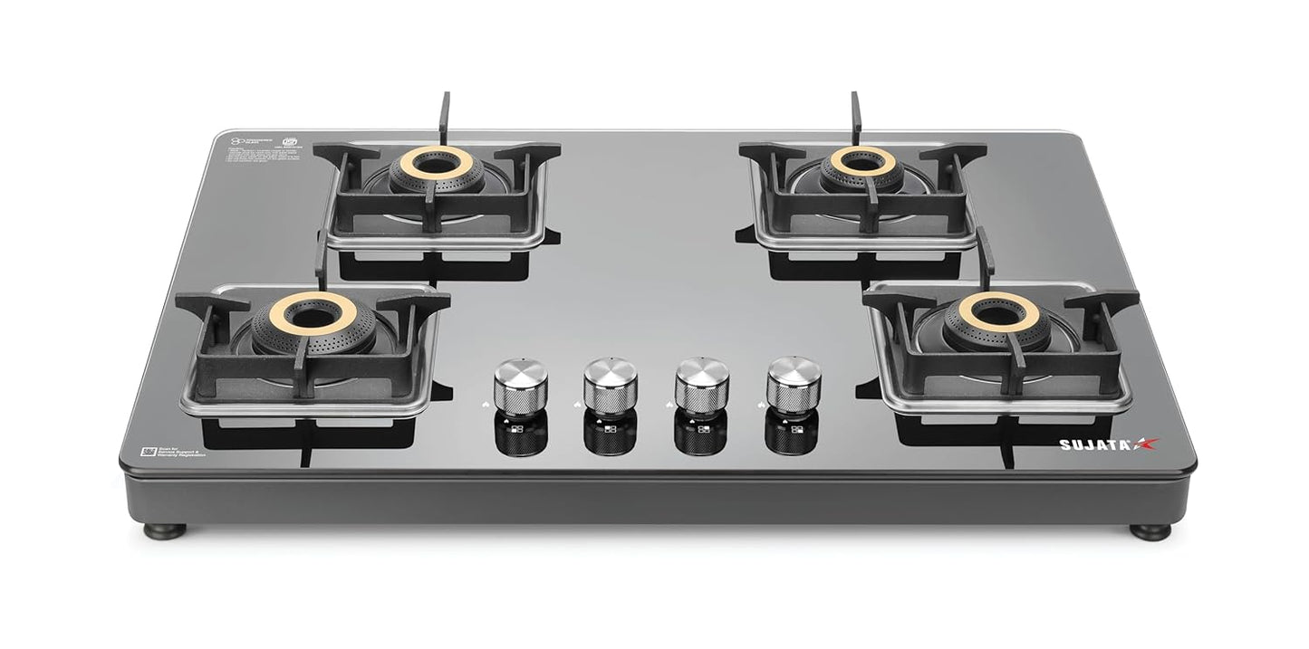 Sujata Premium Gas Stove | Glass Top | 9 Years Warranty | Jumbo Brass Burners | 360° Rotating Brass Nozzle |