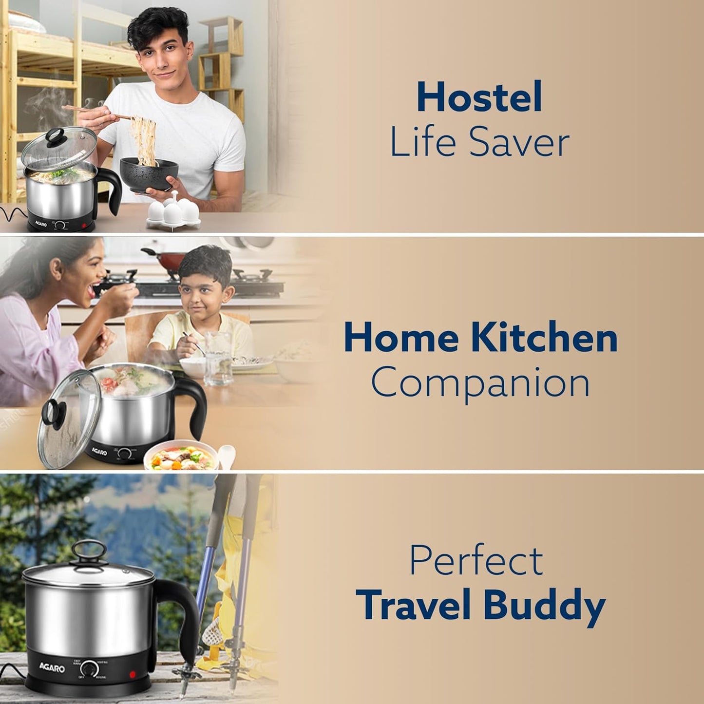 Agaro Esteem Electric Multi Kettle | Stainless Steel | 1.2L | Black |