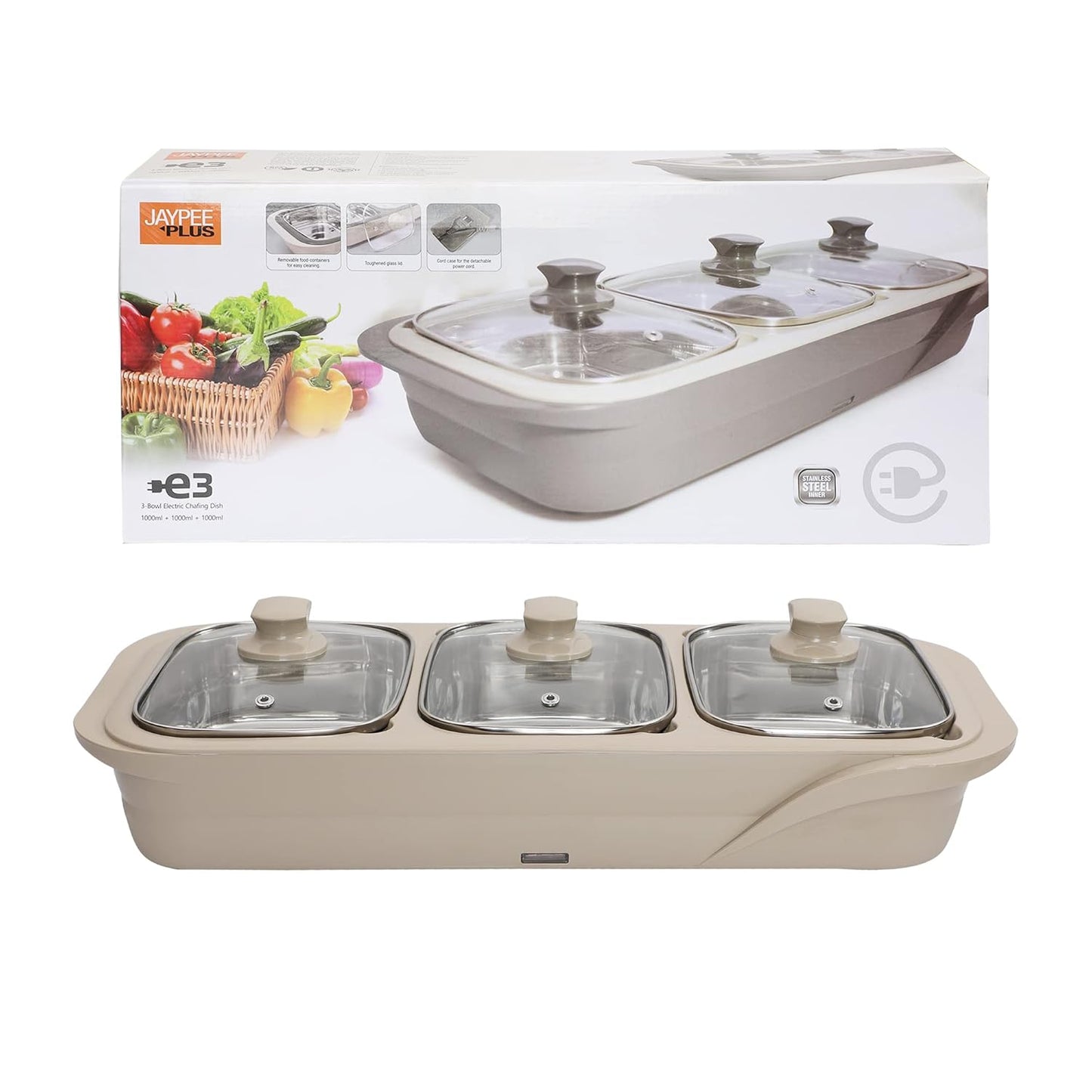 Jaypee Plus 3-in-1 Electric Casserole Set | 1000ml x3 Stainless Steel Buffet Server | Beige |