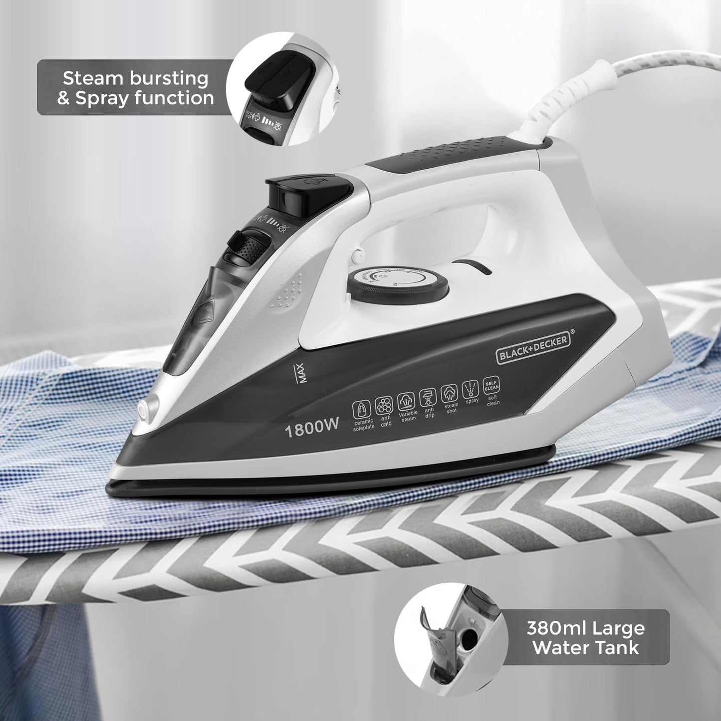 BLACK+DECKER 1800-Watts Steam Iron Press with Detachable Tank | Black |