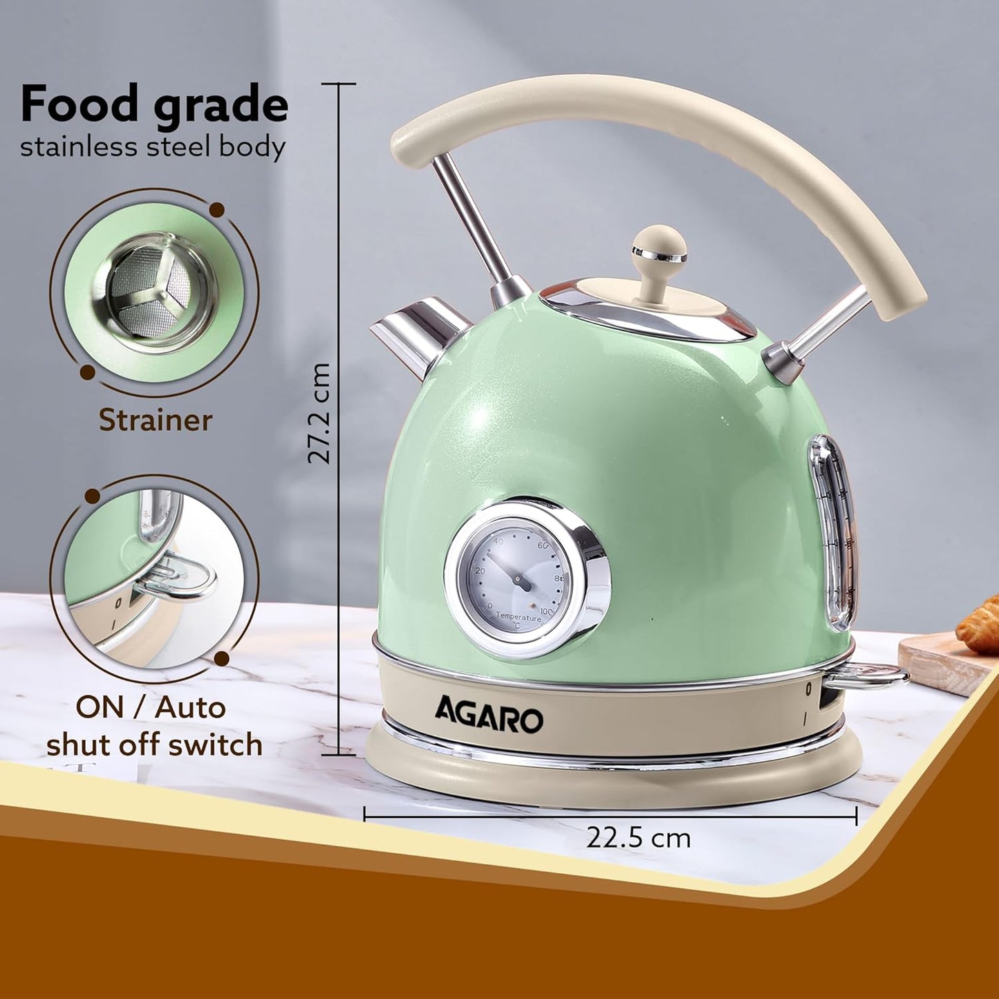 Agaro Regency Vintage Kettle | 1.8L | Stylish | Fast Boiling | Green |