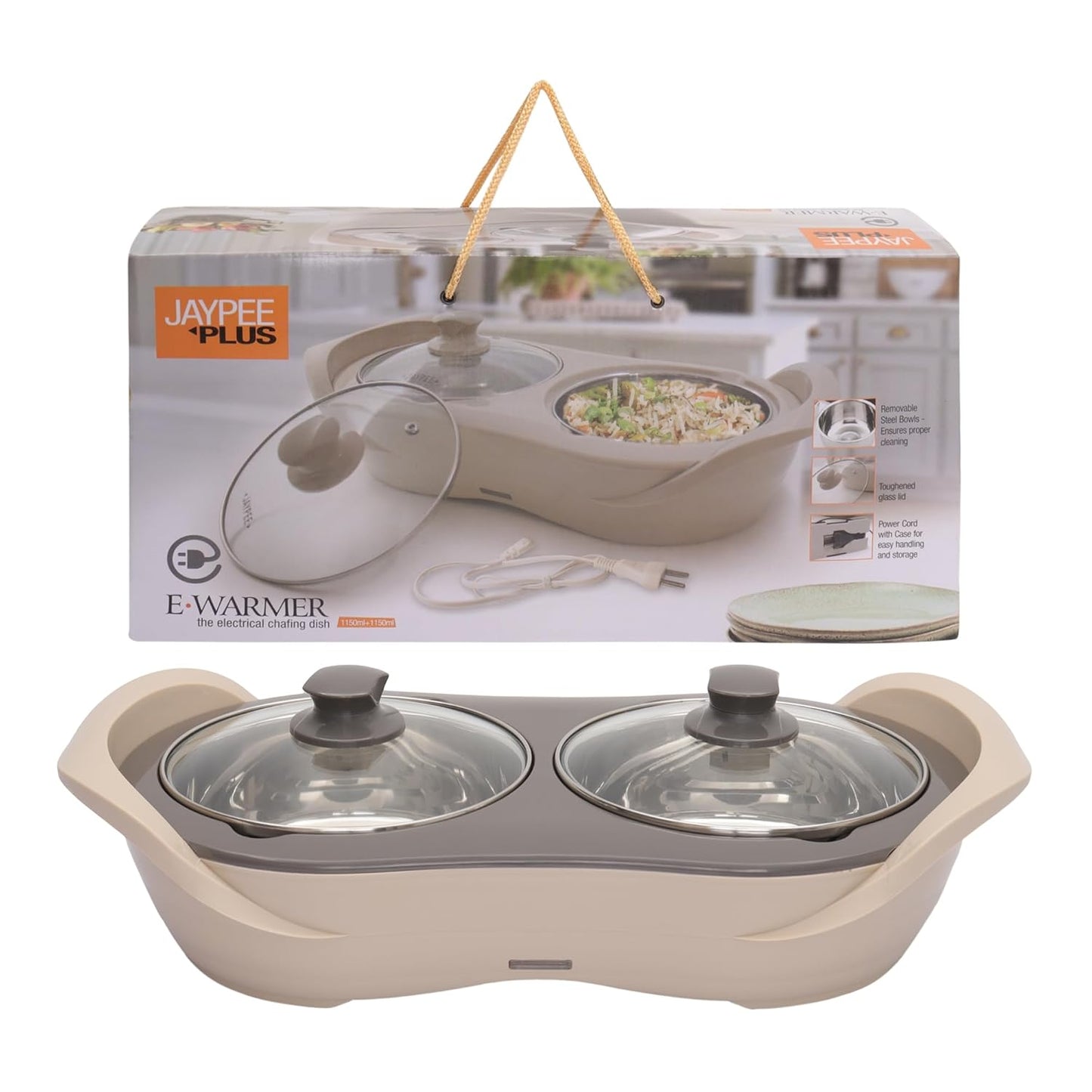 Jaypee Plus 2-in-1 Stainless Steel Electric Casserole Set | 1150ml x2 | Food Warmer & Buffet Server | Beige |