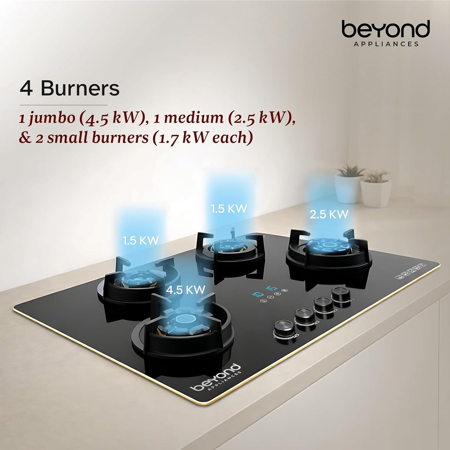 Beyond Appliances Altair 4 Burner Glass Gas Stove | Auto Ignition | Digital Timer | Toughened Glass |