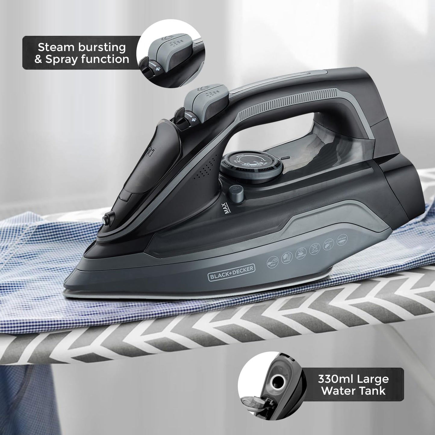 Black+Decker 2200-Watt Cordless Steam Iron Press | Black+Grey | Auto-shut off |