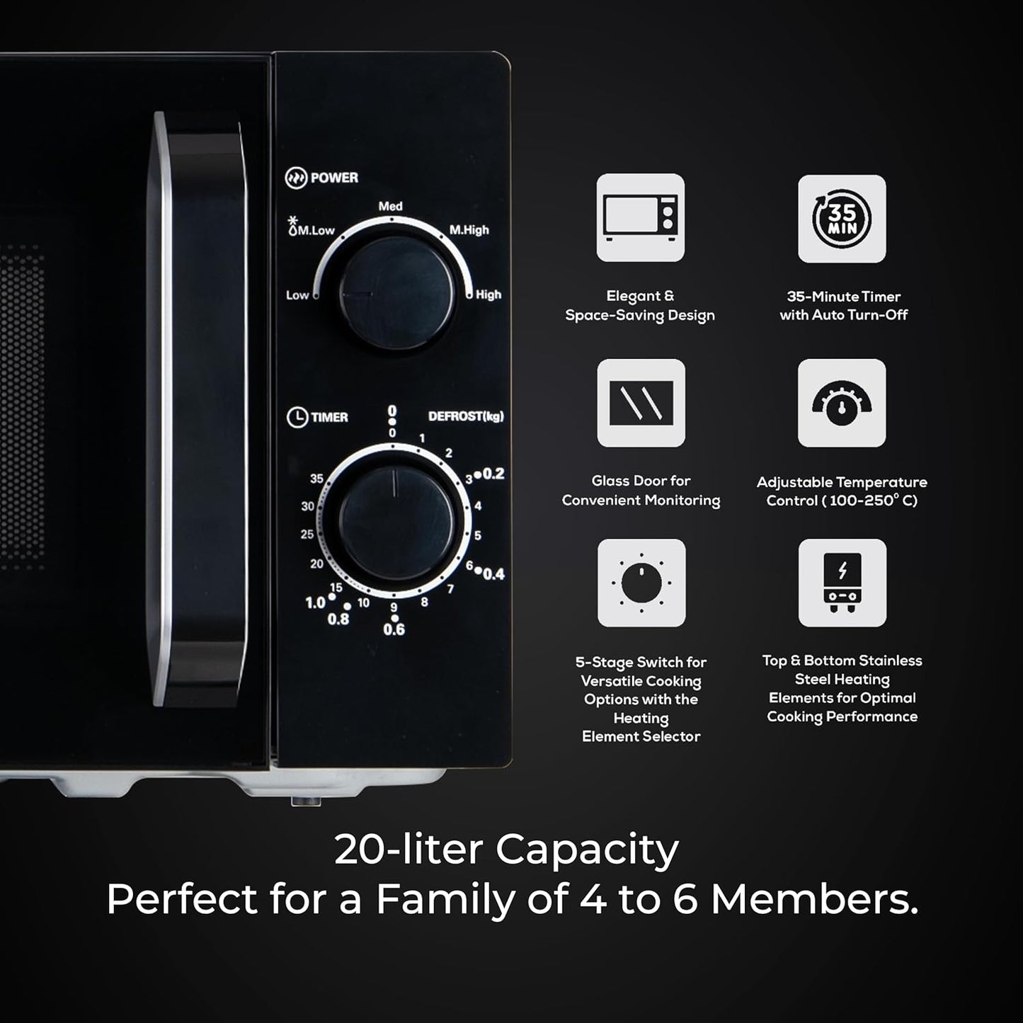 Pigeon 20L Nano Wave Solo Microwave Oven | 5 Power Levels | Black |