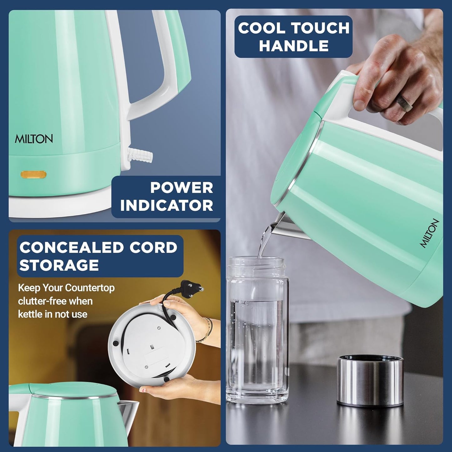 Milton Riga Electric 1.5 Stainless Steel Electric Kettle | Aqua Green | 1500 Watts |