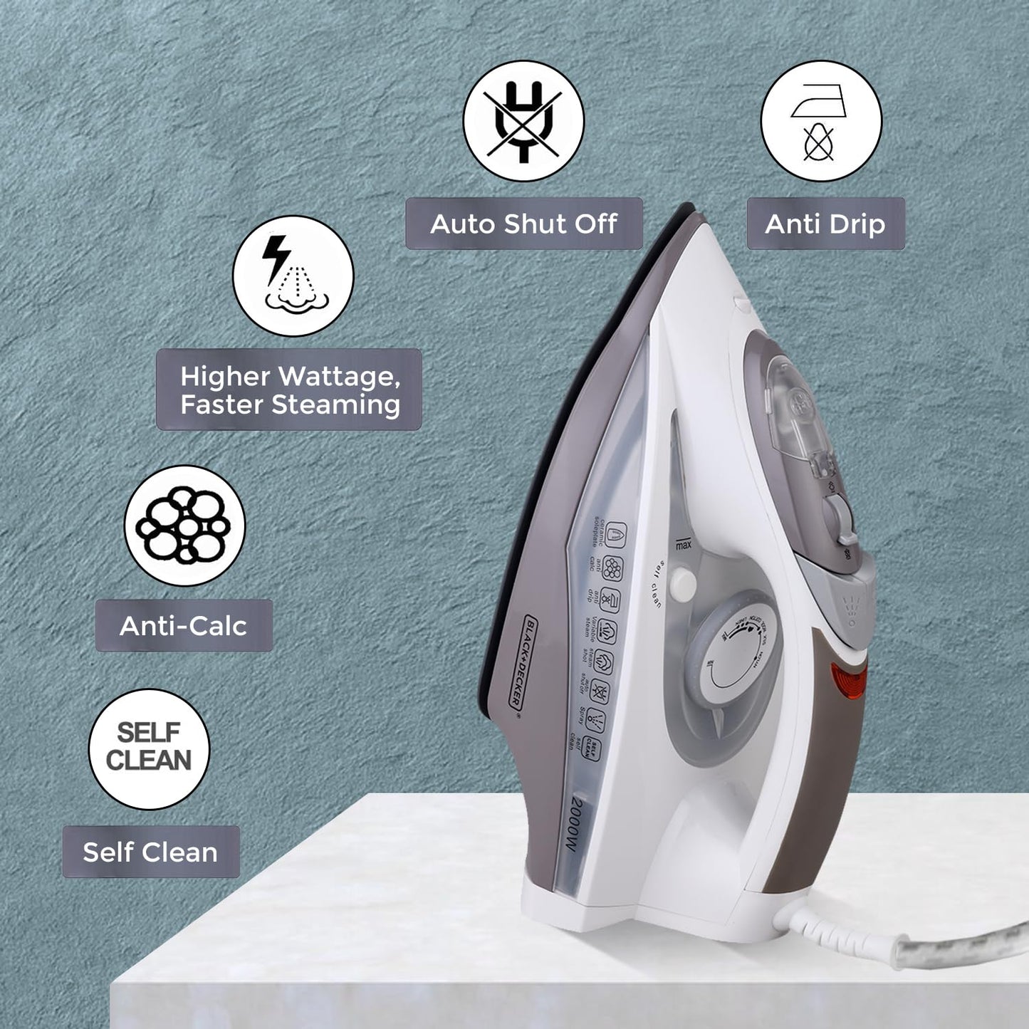 Black + Decker 2000W Steam Iron Press with Auto Shut Off | Grey + White |