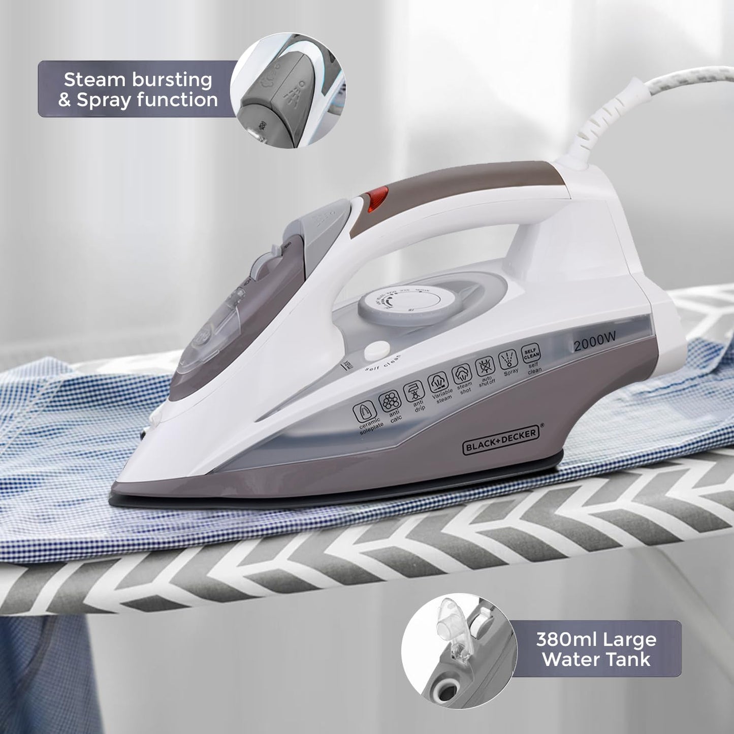 Black + Decker 2000W Steam Iron Press with Auto Shut Off | Grey + White |