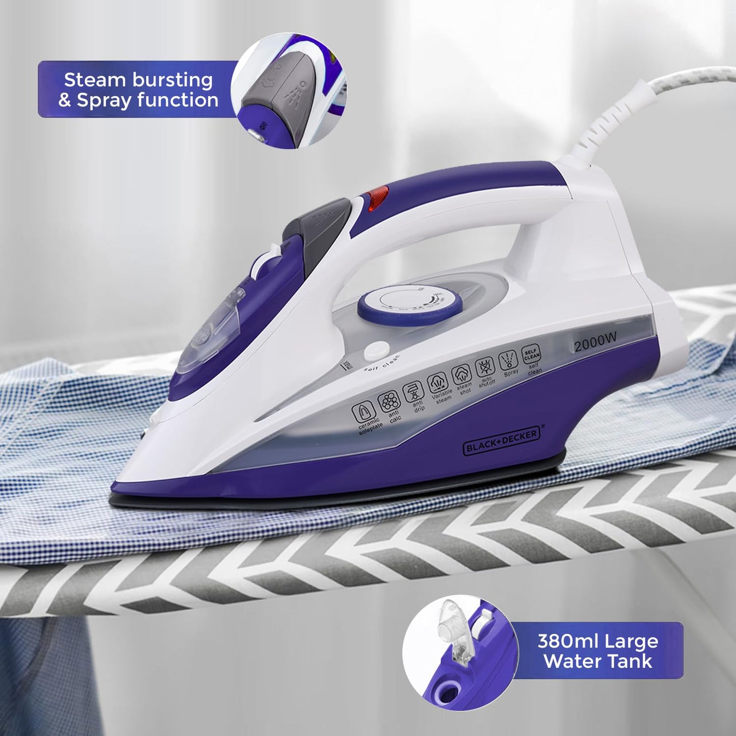 Black + Decker 2000W Steam Iron Press with Auto Shut Off | Blue + White |
