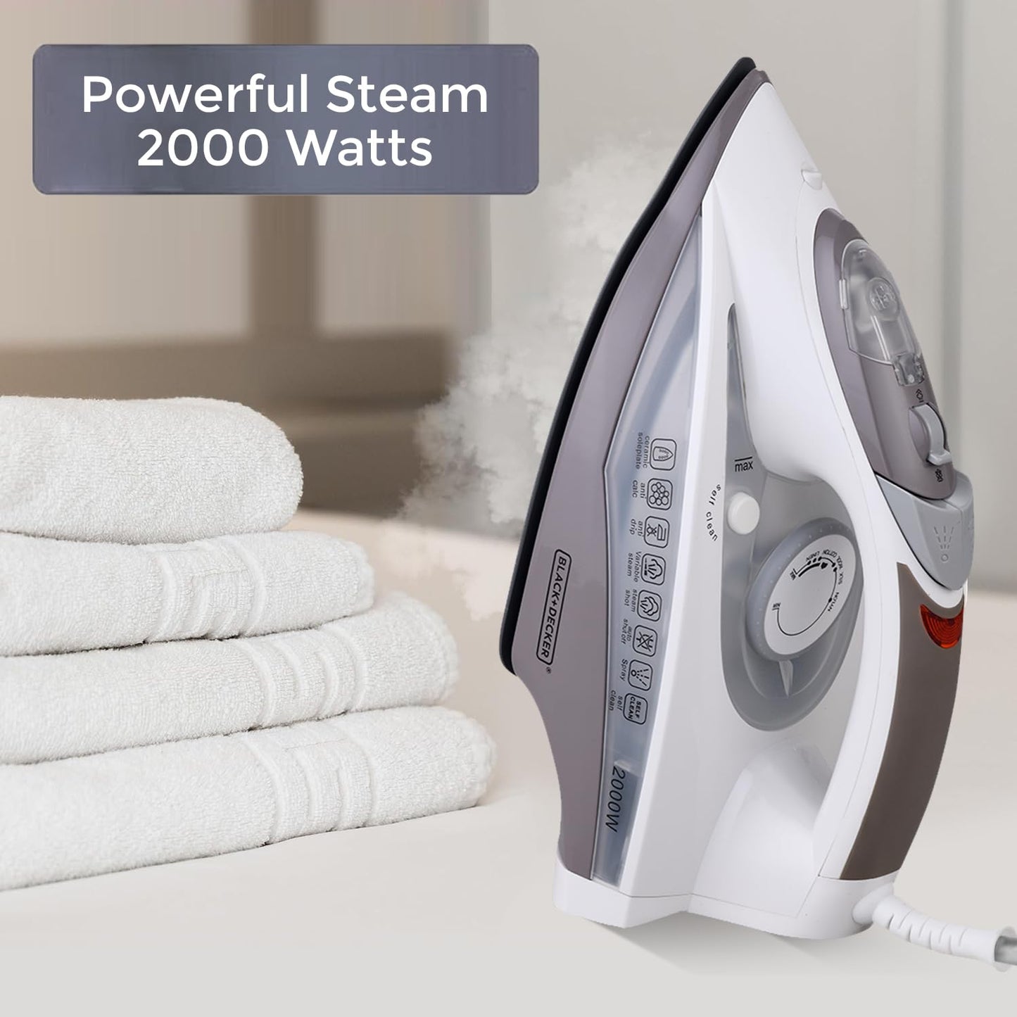 Black + Decker 2000W Steam Iron Press with Auto Shut Off | Grey + White |