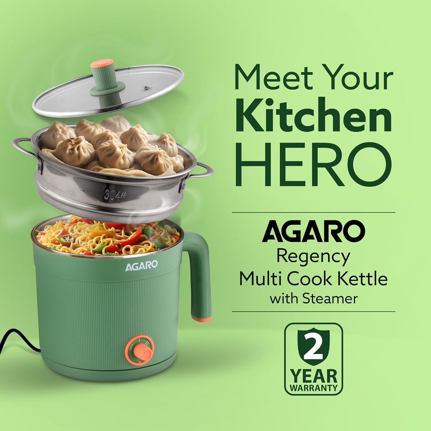Agaro Regency Multi Cook Kettle With Steamer | 1.2 L | Sea Green | 600 W |