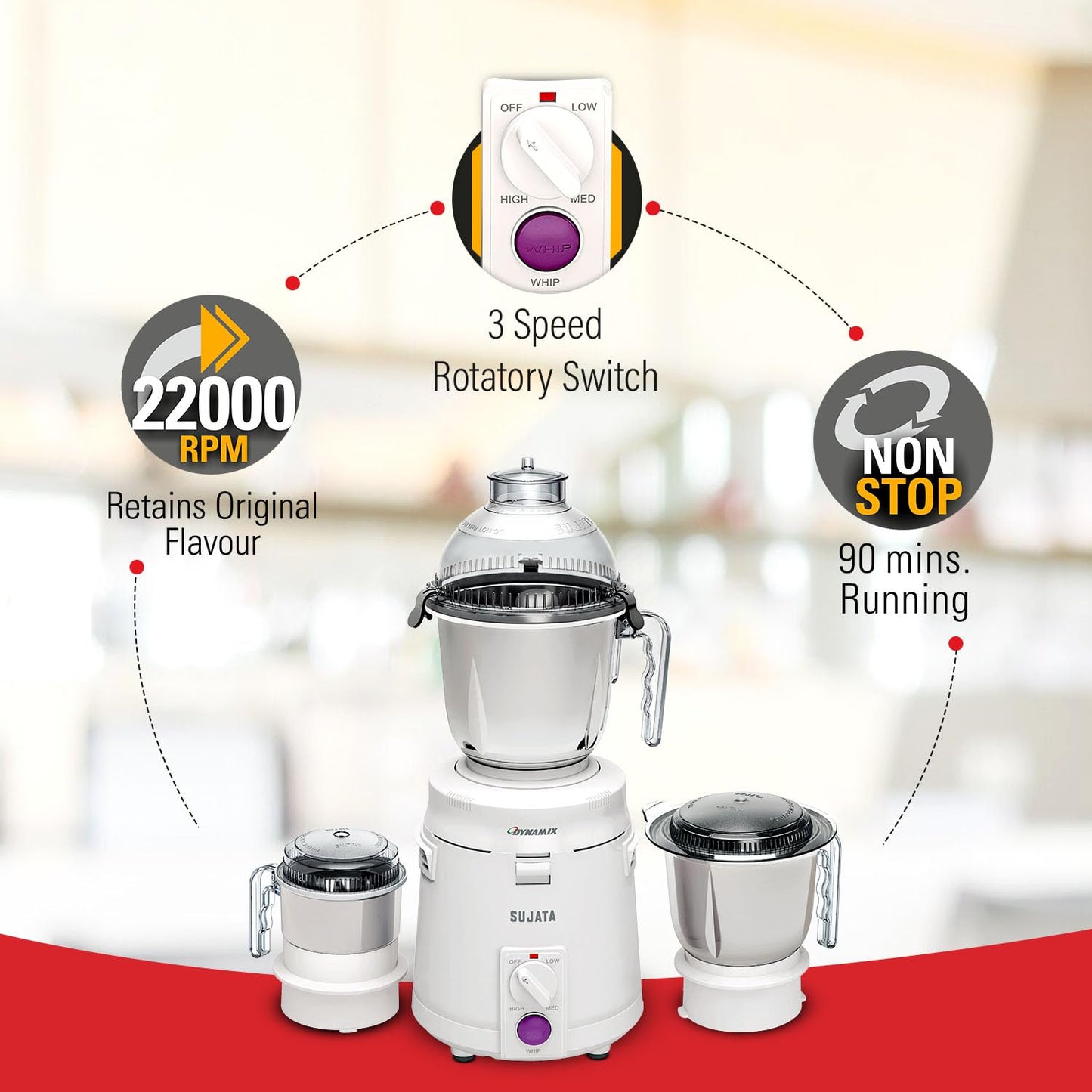Sujata Dynamix 900 Watts Mixer Grinder | 3 Jars | White |