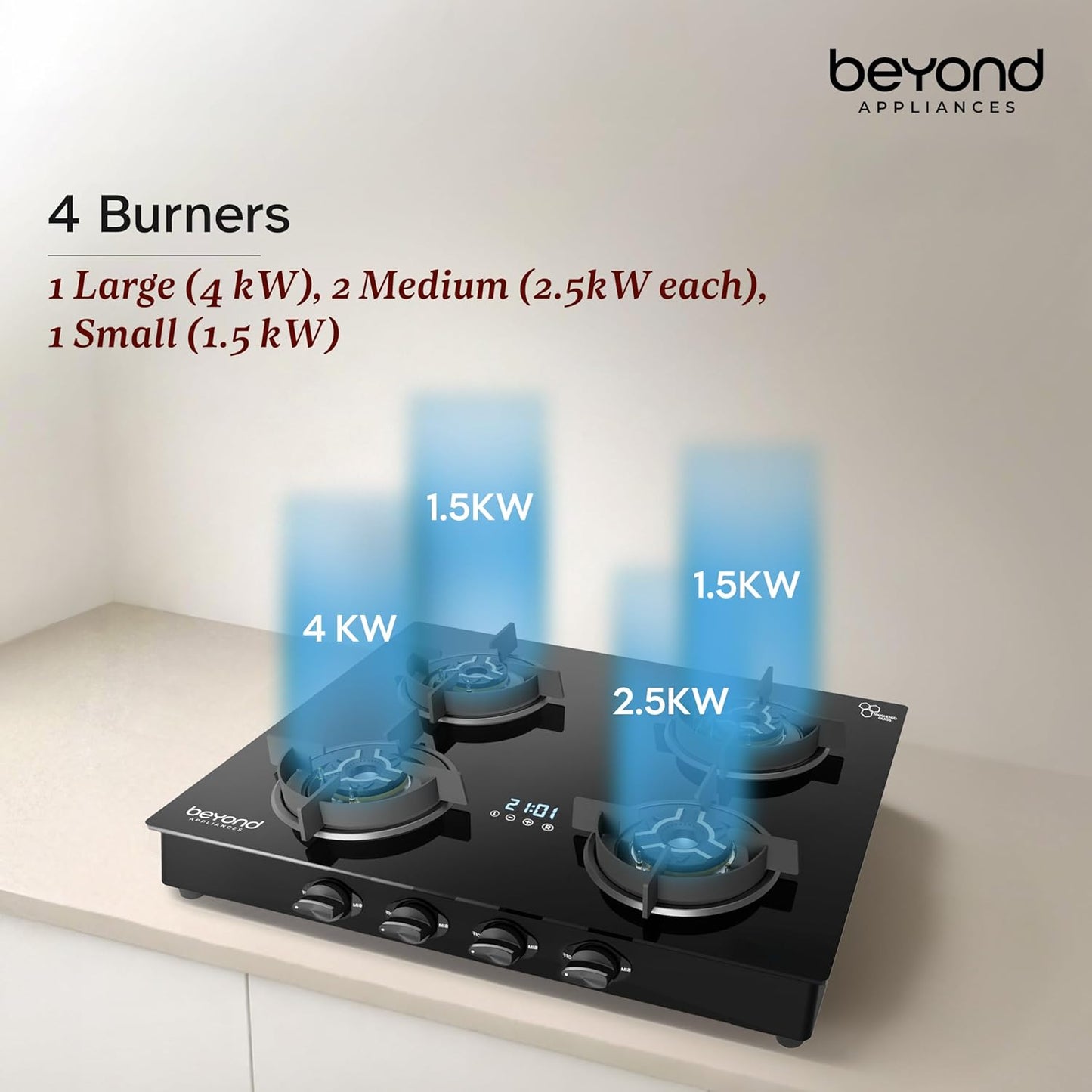 Beyond Appliances Auriga Pro 4-Burner | Auto Ignition | Smart Digital Timer | 5D Full Brass Burners |