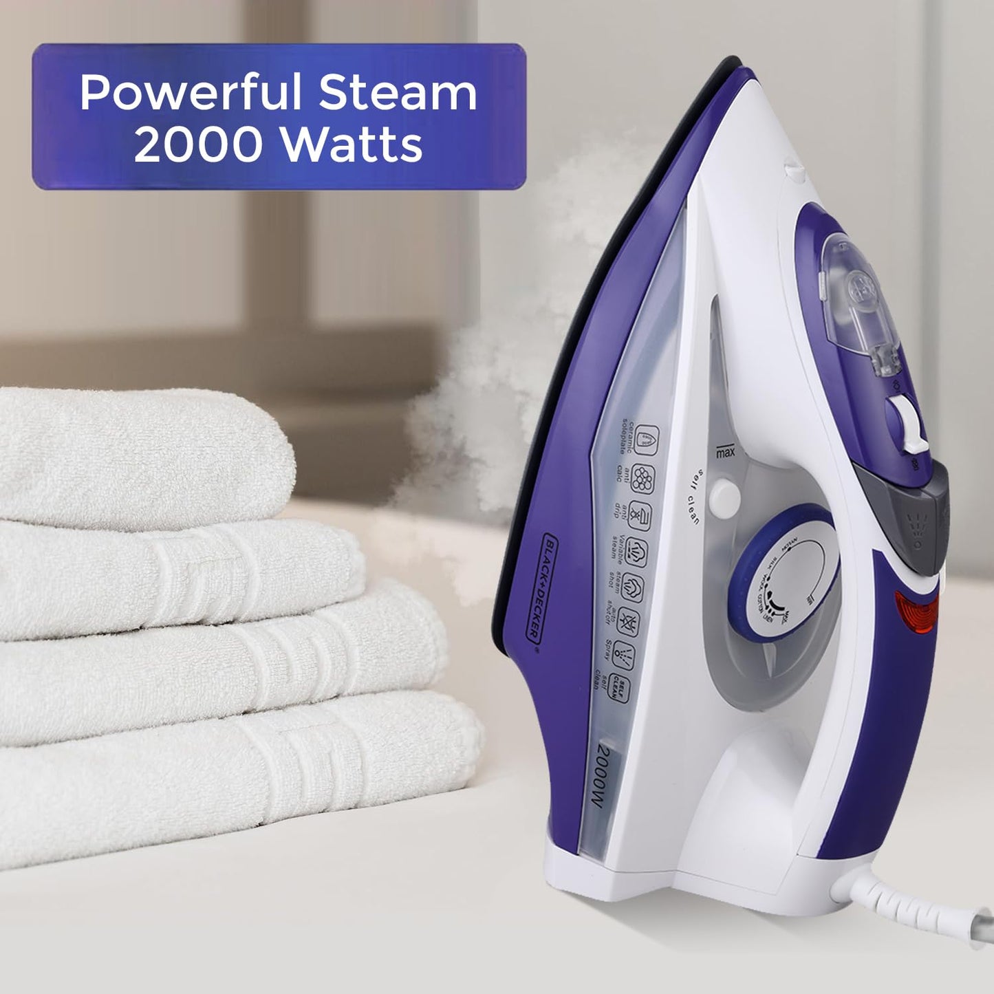 Black + Decker 2000W Steam Iron Press with Auto Shut Off | Blue + White |
