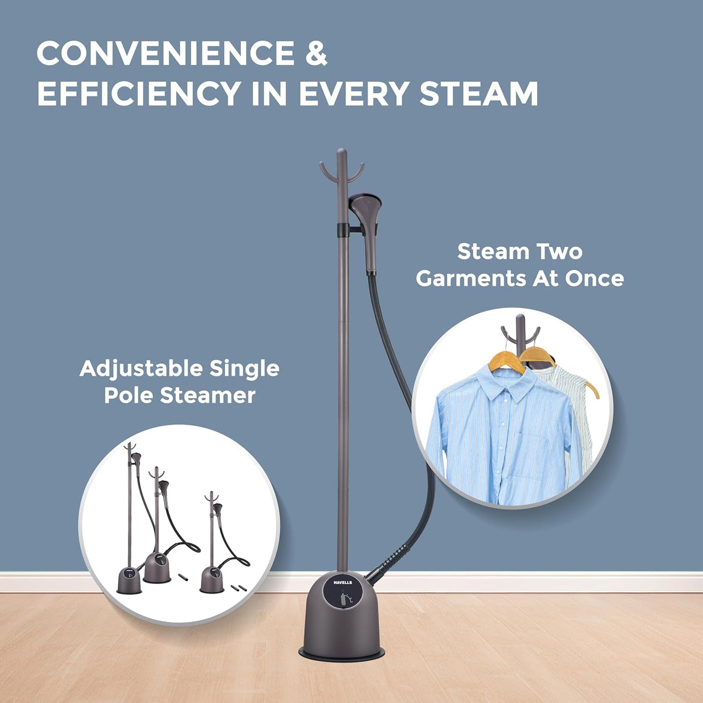 HAVELLS Fyber Garment Steamer | 1600 Watt | 3 Steam Control | Quick Steam Ready | 1.3L Detachable Tank
