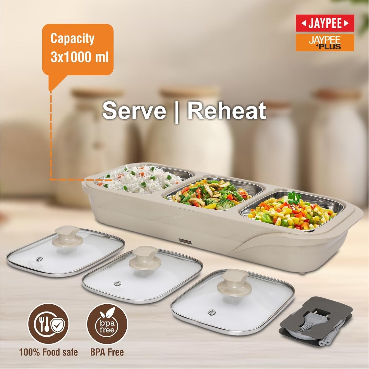 Jaypee Plus 3-in-1 Electric Casserole Set | 1000ml x3 Stainless Steel Buffet Server | Beige |