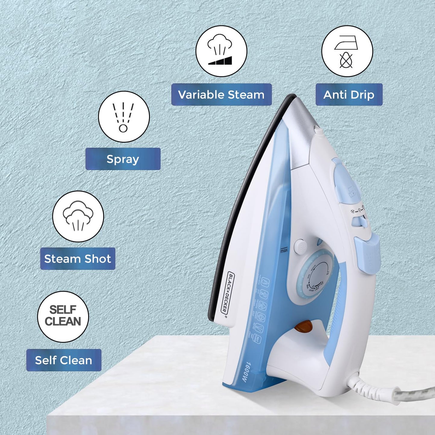 Black+Decker Steam Iron | 1600 Watts | Blue + White | Non-Stick Ceramic Sole |
