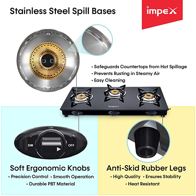 Impex Glass Top 3 Burner Gas Stove