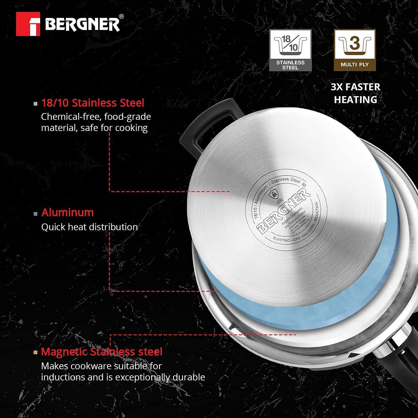 Bergner Argent Triply Stainless Steel Pressure Cooker | 2.5 Litres | Sturdy Handle |