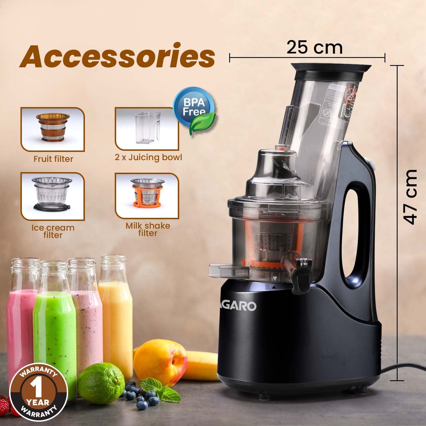 Agaro Royal All-in-1 Fruits & Vegetables Slow Juicer | 240W | Black |